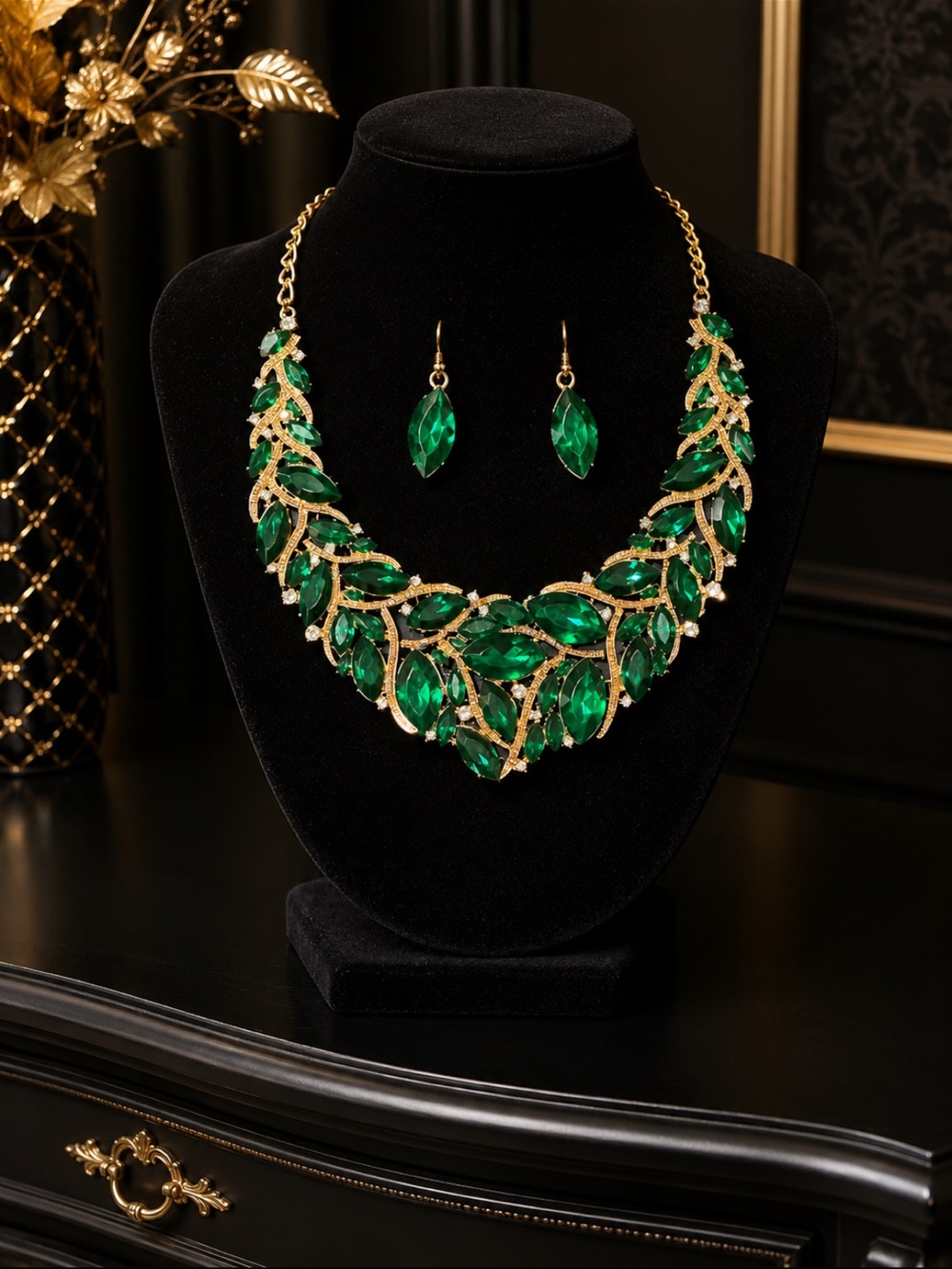 Emerald Leaf Statement Necklace and Earring Set - Gold Tone